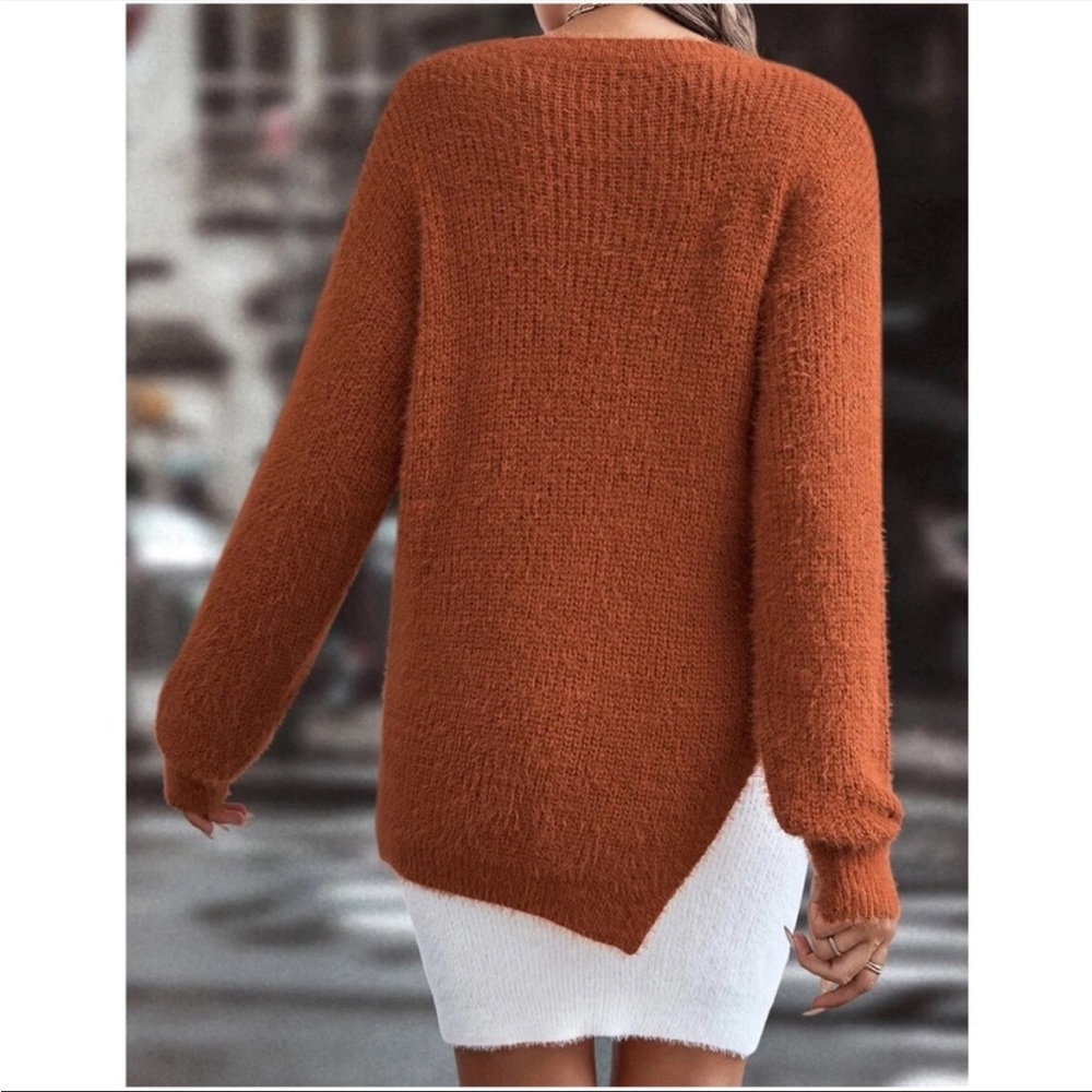 Cozy Rust Orange Tie Front Fuzzy Sweater Top XS S M L XL XXL - Picture 5 of 5